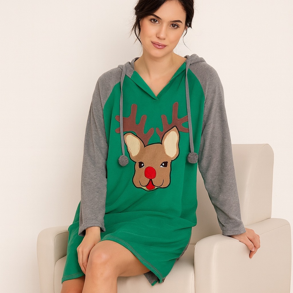 PJ COUTURE | Green and Gray Reindeer Hooded Holidays Christmas Nightdress